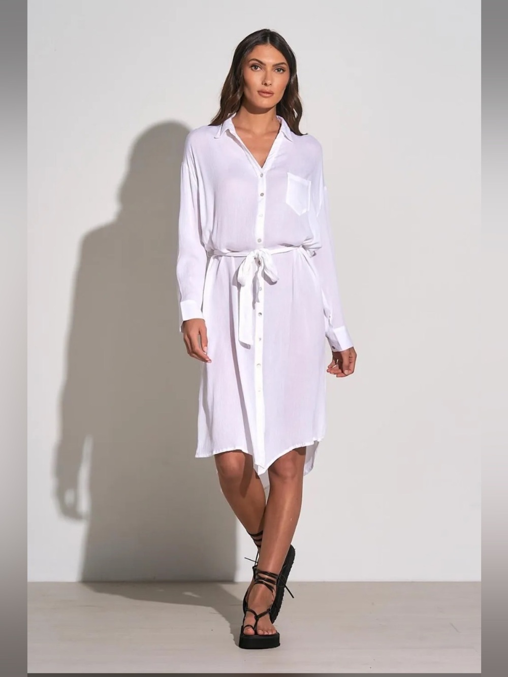 Elan White Long-Sleeve Button-Front Shirt Dress with Tie Waist